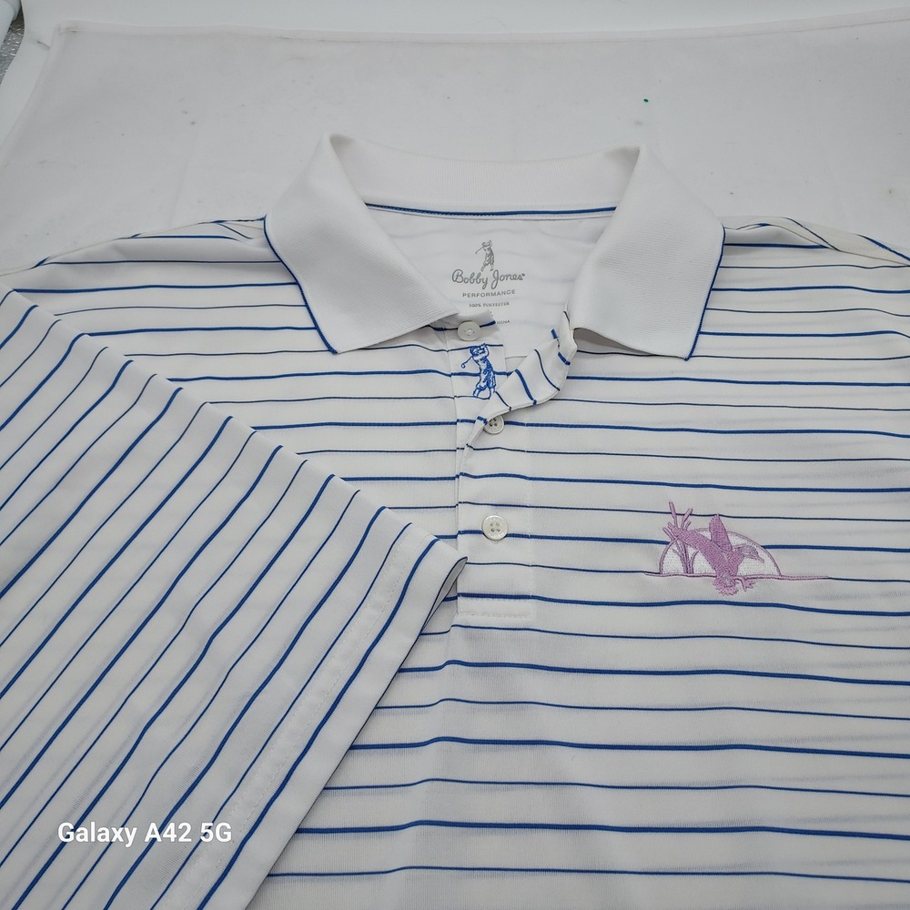 Bobby Jones Performance Mens XL White Blue Striped Golf Polo Shirt Duck Logo